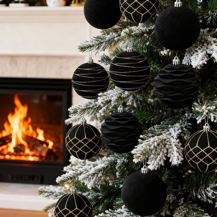 Christmas Baubles - Velvet Plastic - 12 pcs, 8 cm, Black