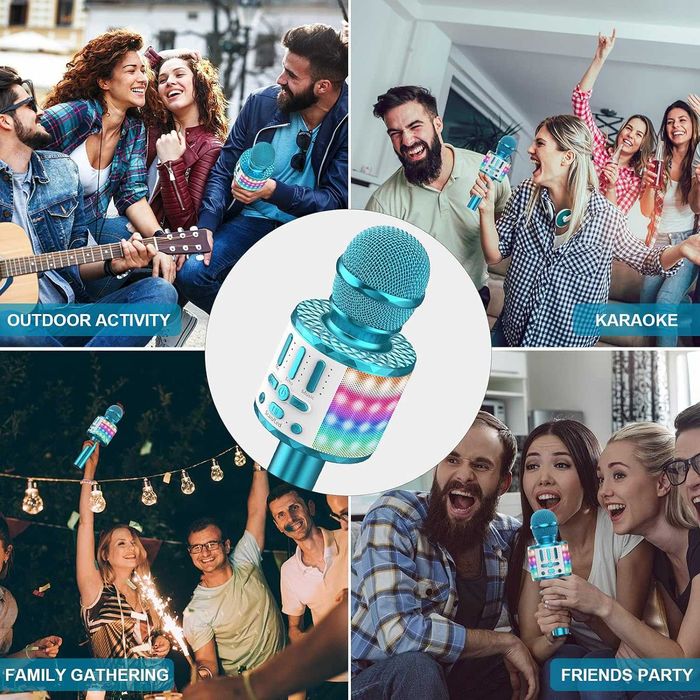 Microfone Karaoke Bluetooth Sem Fio Luzes LED  Gravação Natal