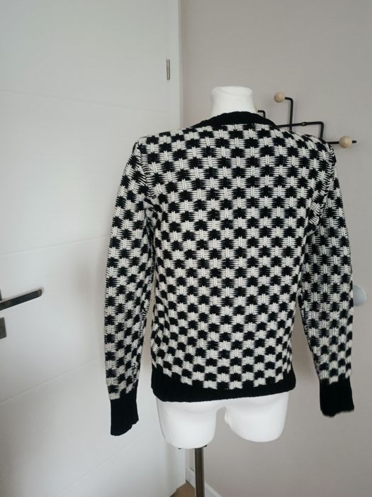 Sweter wełna czarny biały kratka okrągły dekolt klasyczny Reiss 36
