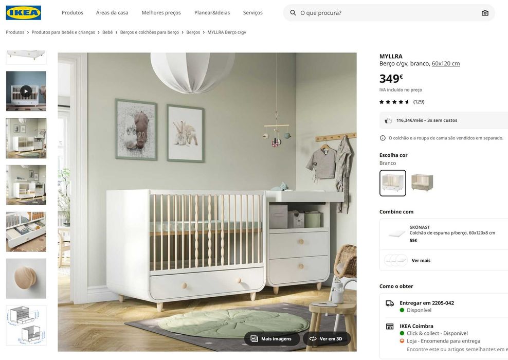 Berço IKEA MYLLRA 60x120 cm com gavetão – Branco