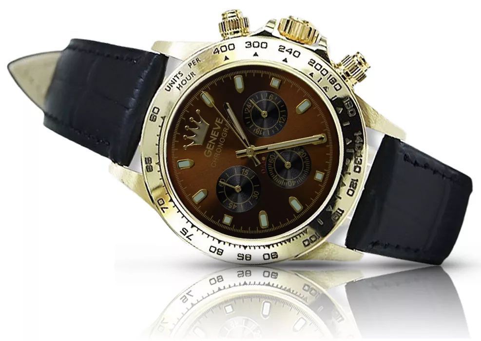 Złoty zegarek męski damski 14k 585 Geneve mw014ydbr brązową tarczą Wr