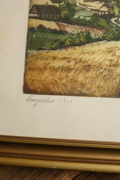 oryginalna skandynawska grafika z wiejskim pejzażem