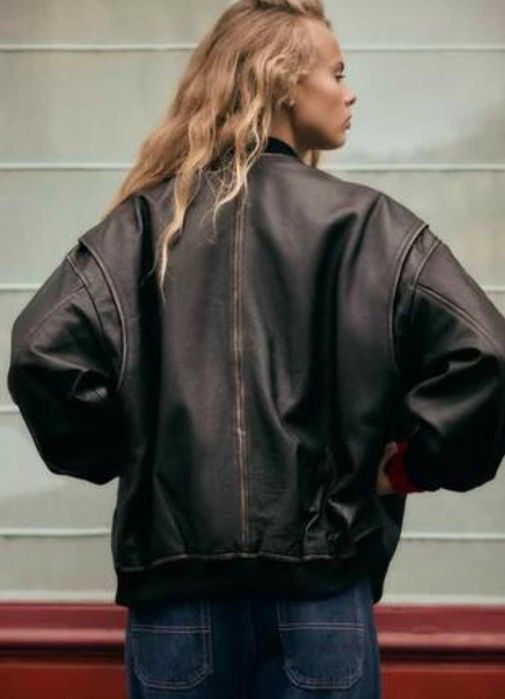 Бомбер Zara, з натуральної шкіри, оверсайз