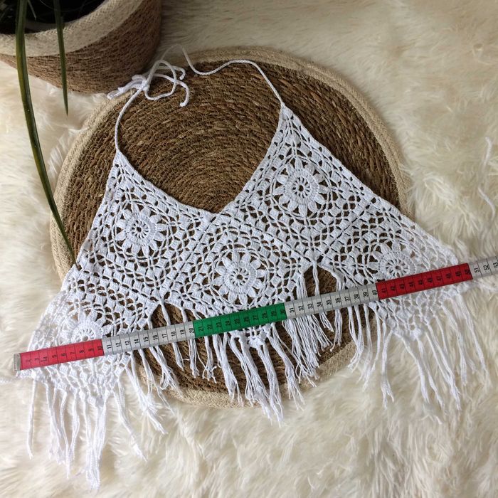 Crop top biały boho hippie szydełko frędzle ażurowy letni plażowy S 36