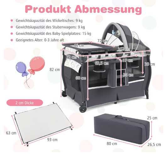 COSTWAY łóżeczko podróżne 5w1 składane z materacem przewijak daszek