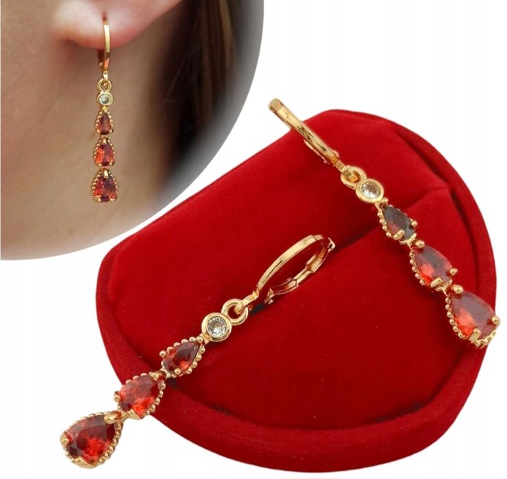 Nowe kolczyki damskie czerwone złoty kolor na prezent