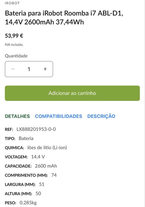 iRobot bateria Roomba j7 ABL-D1 (14.4V) – Apenas 1 Mês de Uso (Com Fatura)