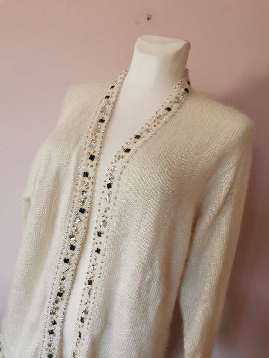 Sweter kardigan wełniany wełna angora kremowy beżowy kryształki L 40