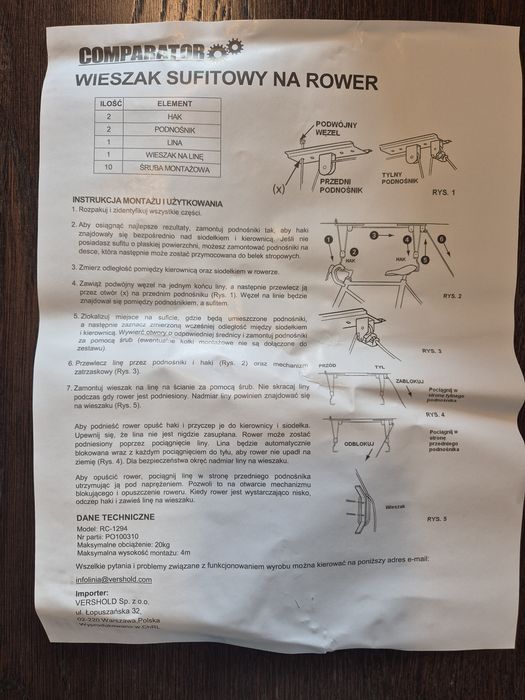 Wieszak sufitowy na rower. Nowy. Nie używany.