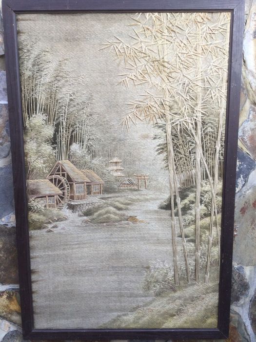 Grande Quadro chinês em seda bordada do séc XIX 126/81 cm