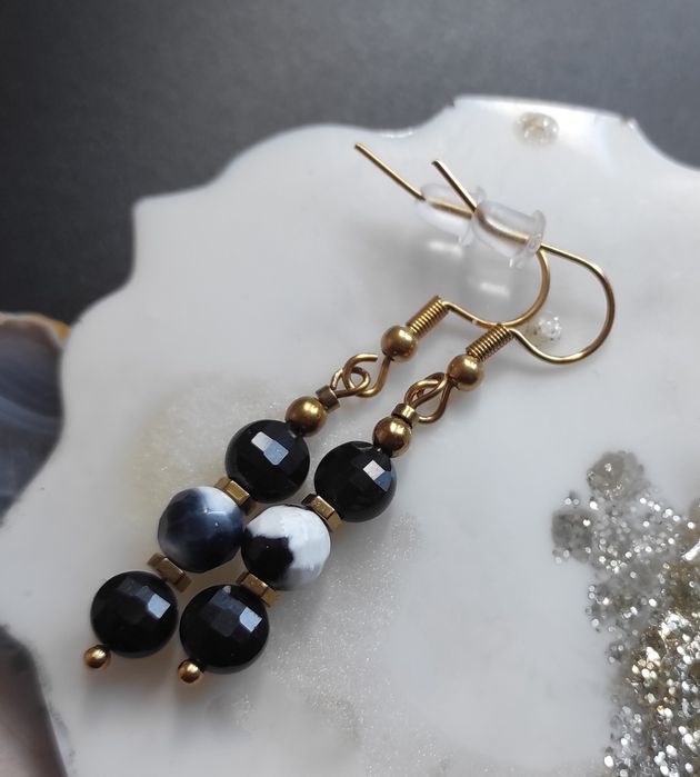 Kolczyki kamienie naturalne Agat tybetański / Onyks