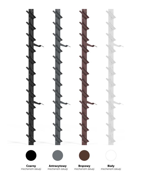Stalowy mechanizm, ruchome deseczki. System shutters metalowy