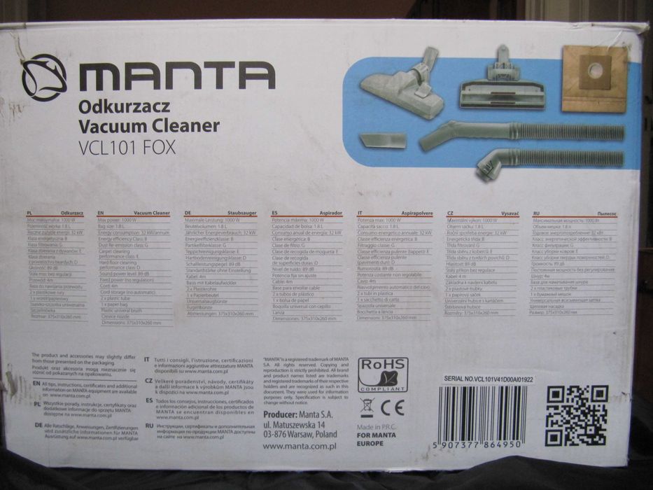 Пилосос Порохотяг Manta VCL 101 FOX 1000 Вт Польща
