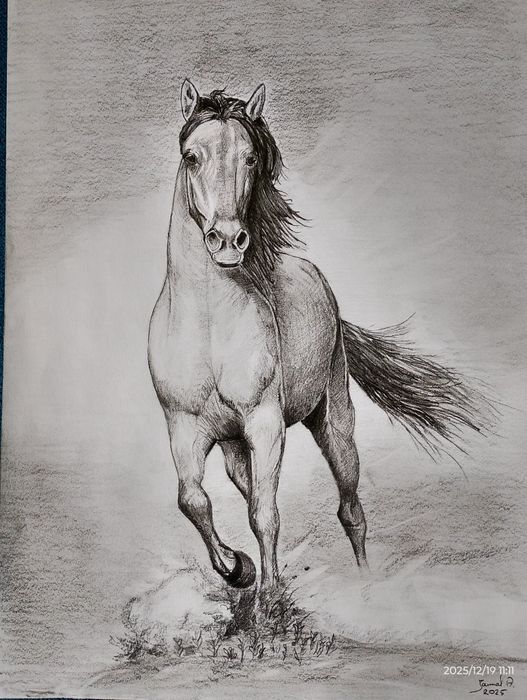 Rysunek artystyczny ołówkiem A4. Koń w galopie