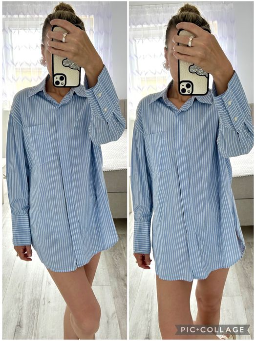 Błękitna bawelniana długa koszula w paski H&M oversize r.XS