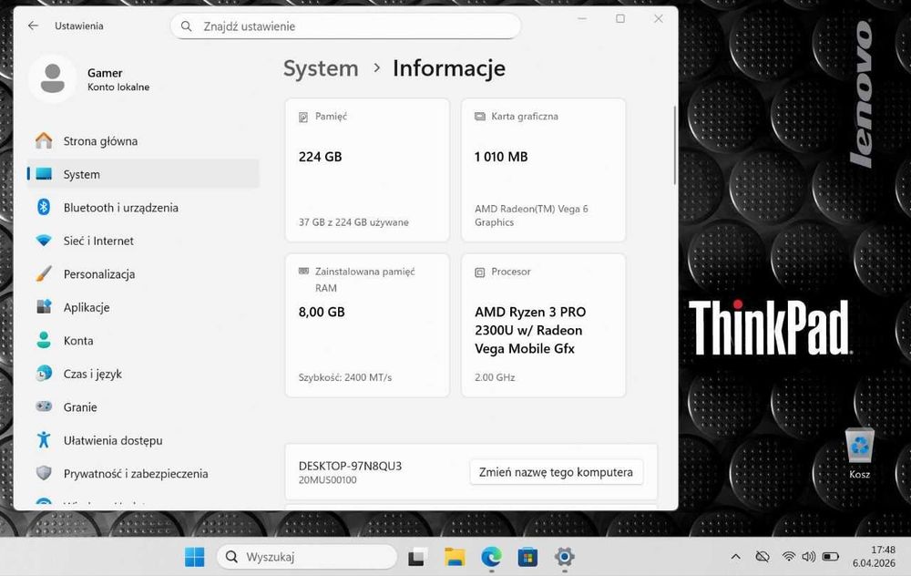 Lenovo ThinkPad A485: Ryzen 3 PRO | 8/128 | Windows 11
