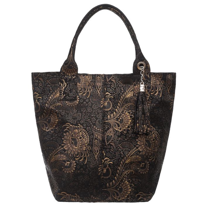 VERA PELLE torebka skórzana shopper z wzorami na ramię V661 czarna