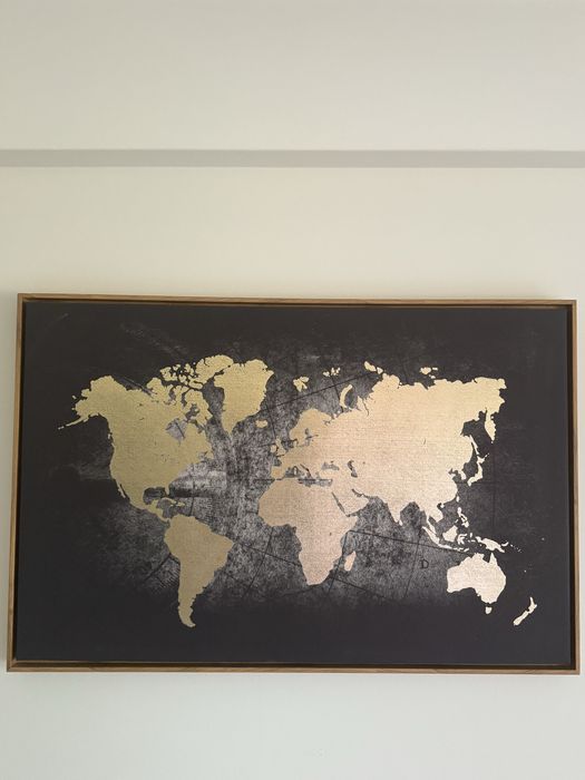 Quadro Mapa-Mundo Preto e Dourado 88x58 cm