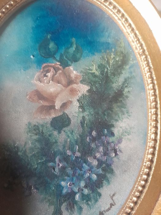 Stary obraz, owalny, kwiaty, róże, Anglia