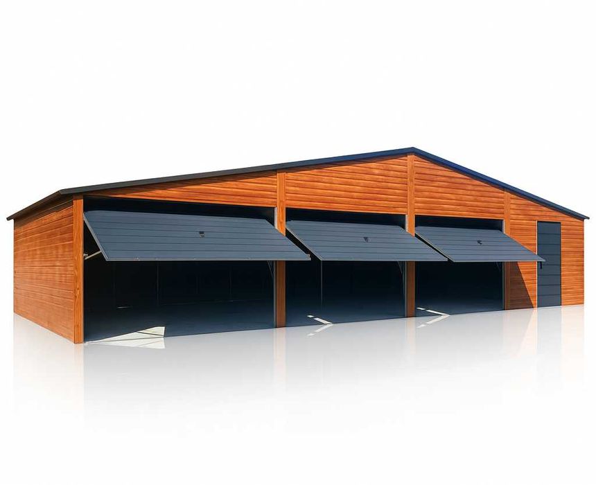 Garaż blaszany 12×5 PREMIUM – drewnopodobny, dwuspadowy, 3 bramy