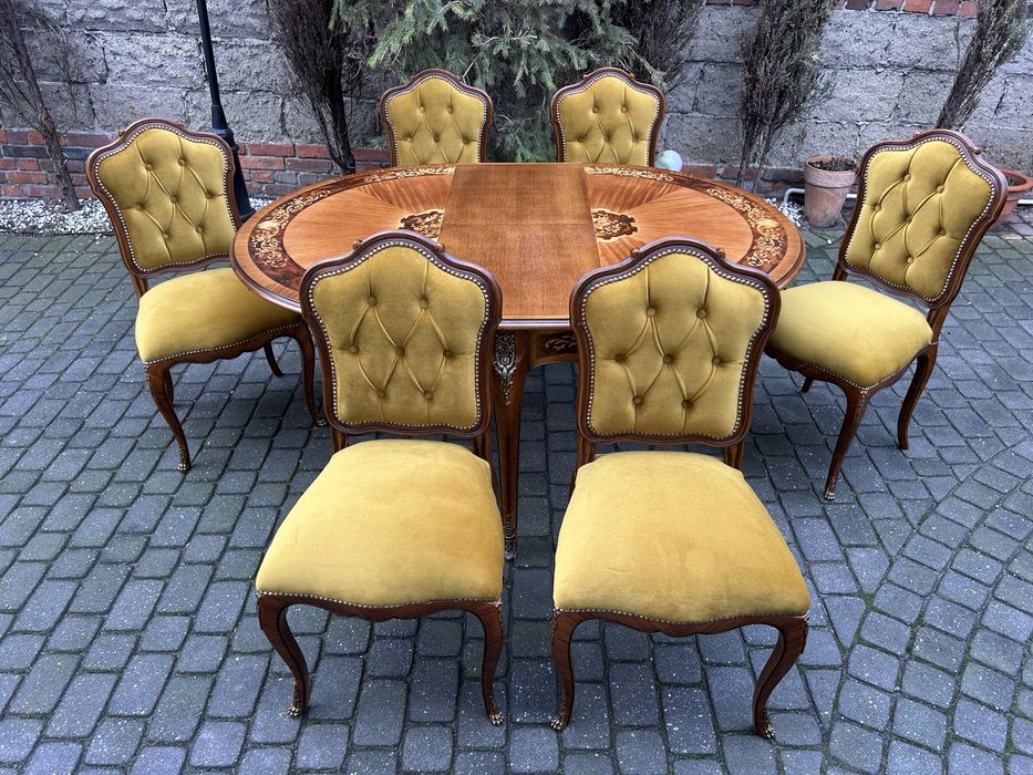 Stół Ludwikowski + 6 Krzeseł Ludwik Intarsja Jadalnia Po Renowacji