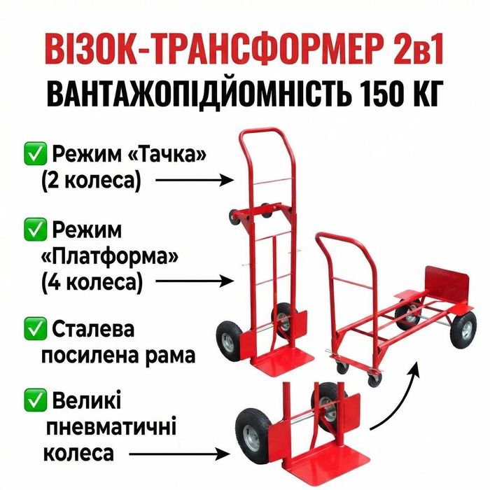 Візок складський вантажний двохколісний трансформер 2-в-1