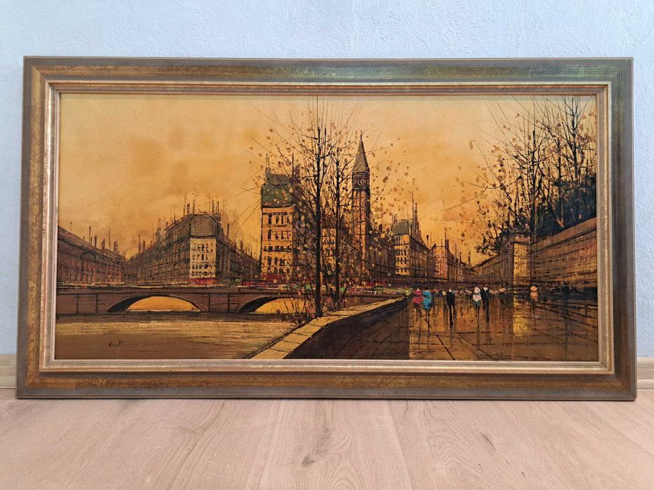 Obraz olejny na płótnie sygnowany Antonio Ninetti miasto ulica rzeka