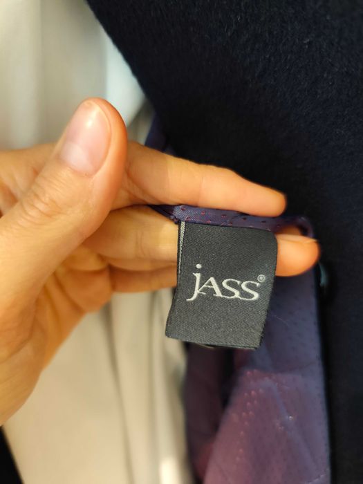 JASS elegancki płaszcz damski granatowy futro lisa wełna angora 48