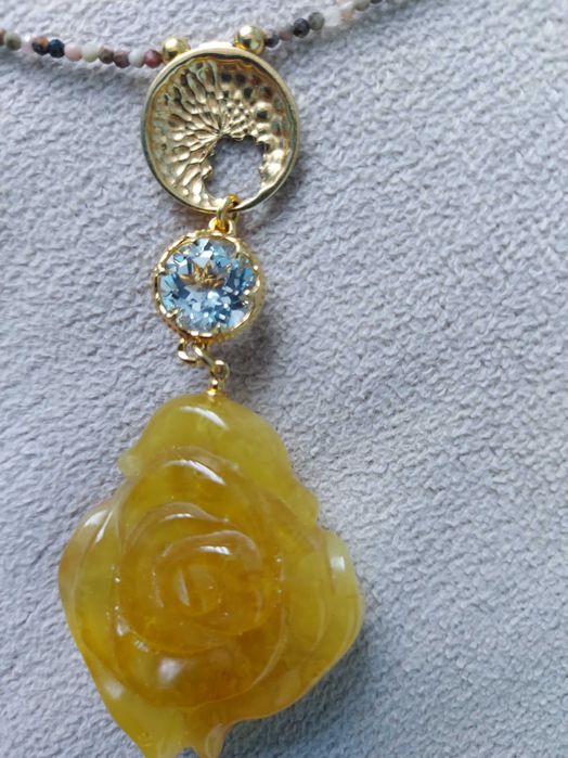 Naszyjnik bursztyn blue topaz kamienie srebro 925 złocone