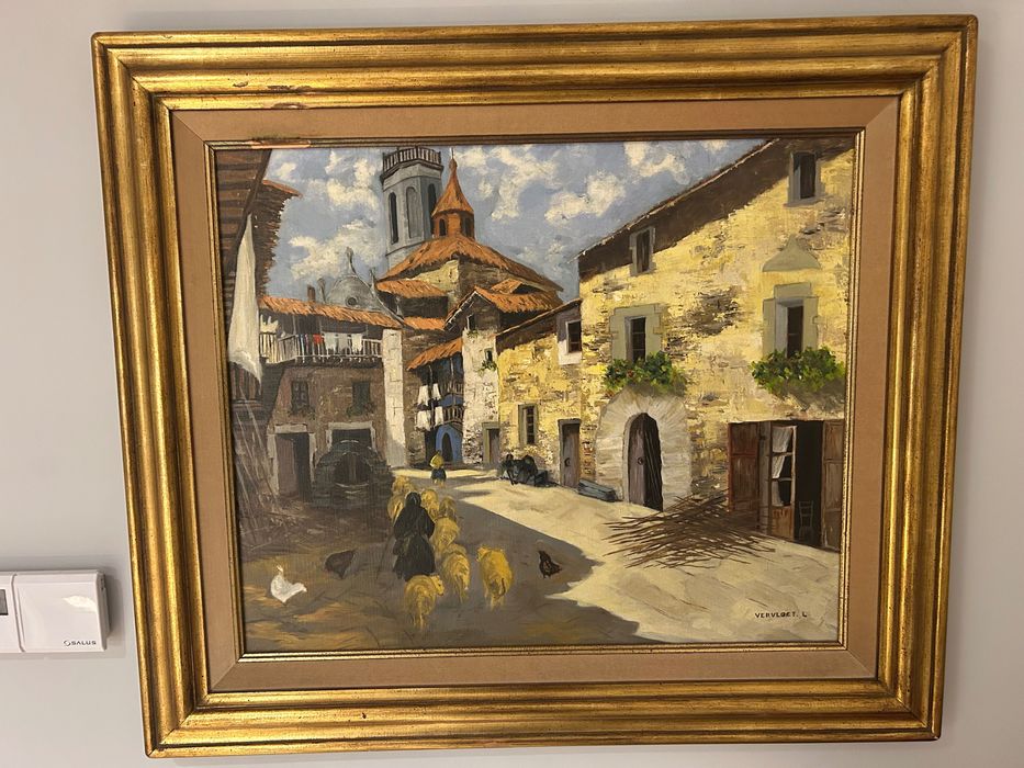 Obraz olejny – scena wiejska, sygnowany Vervloet L. | rama złocona
