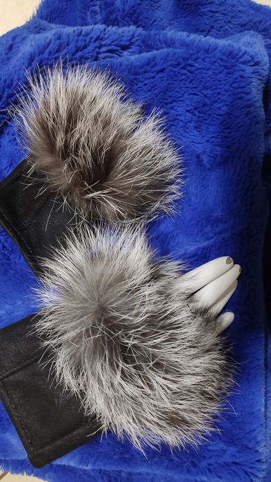 Rękawiczki bez palców skórzane obszyte futrem z lisa