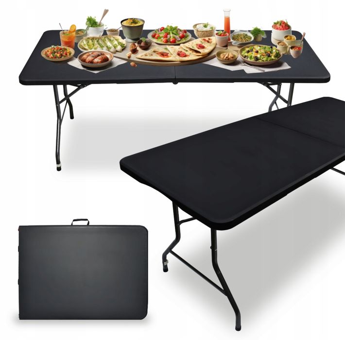 Duży Stół Składany Cateringowy Turystyczny 180x75cm Przenośny Czarny
