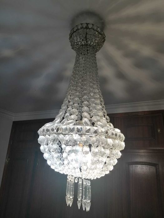 Lustre de Teto Grande em Cristal e Latão, Vintage Meados do Séc. XX,