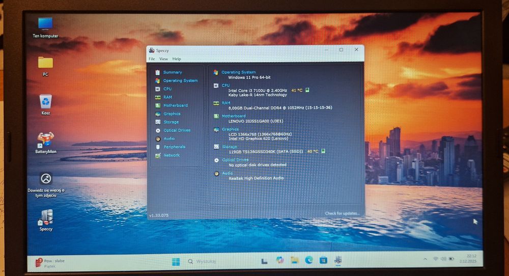 Lenovo ThinkPad L470 i37100u, 8GB, 128GB HDD, Bateria w super stanie