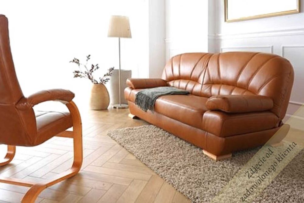 Kanapa wersalka sofa + dwa fotele, naturalna skóra