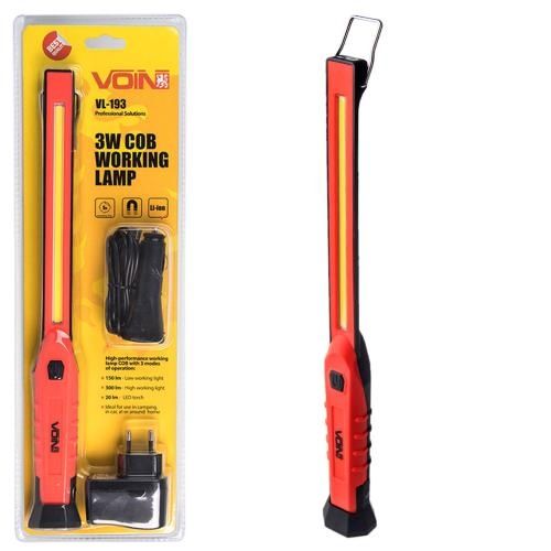 Переносная лампа фонарик "VOIN" VL-193 12V/220V/3W-COB+2 LED-НР/АКБ