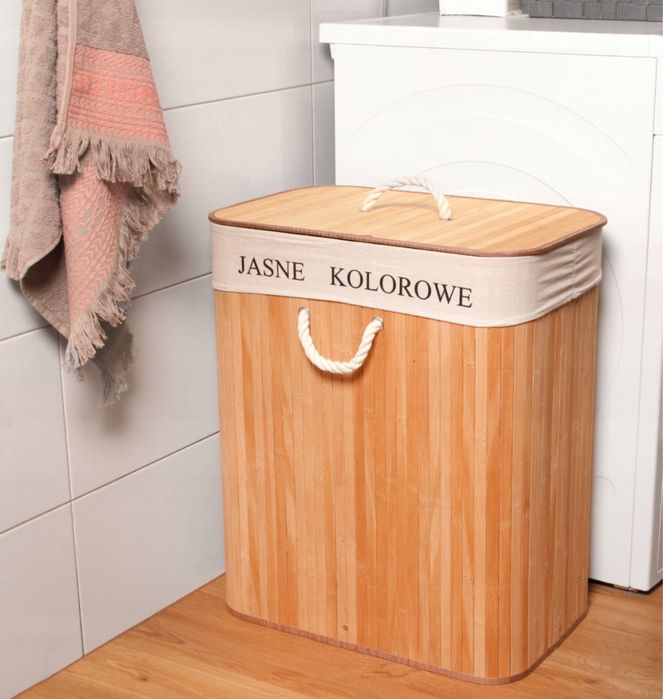 Duży Kosz Bambusowy na Pranie z Pokrywą – Pojemność 100L, Dwie Komory