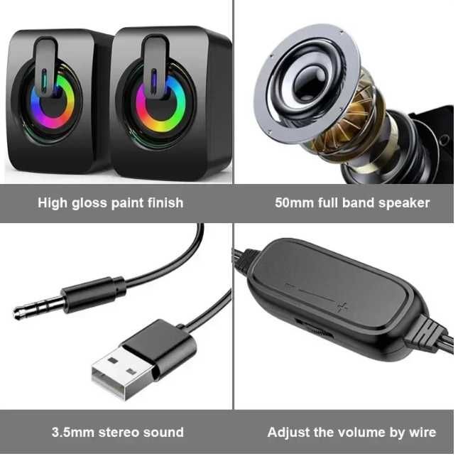 Głośniki komputerowe stereo RGB | USB + AUX 3,5 mm