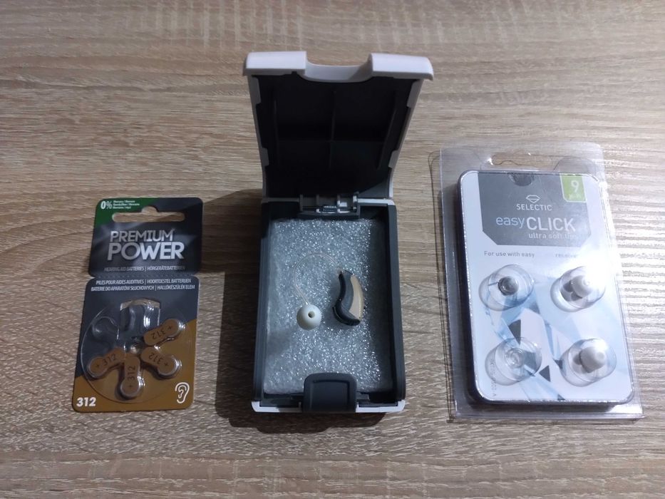 Aparat słuchowy Selectic prawy + baterie + nakładki