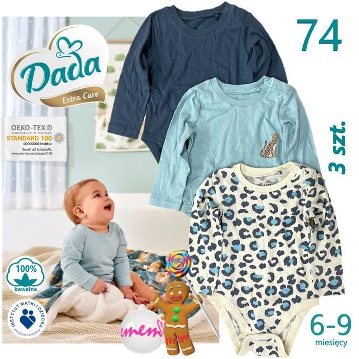 3x Body niemowlęce chłopięce, rozmiar 74, Lampart, Dada Extra Care