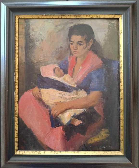 Amor de Mãe - Pintura Vintage a Óleo de Etienne Steel, datada de 1953 - Realismo Belga