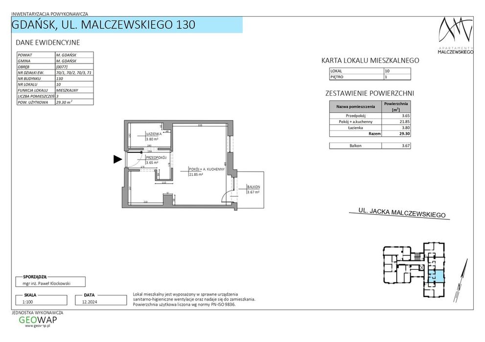 Kawalerka- 29,30 m2, I piętro
