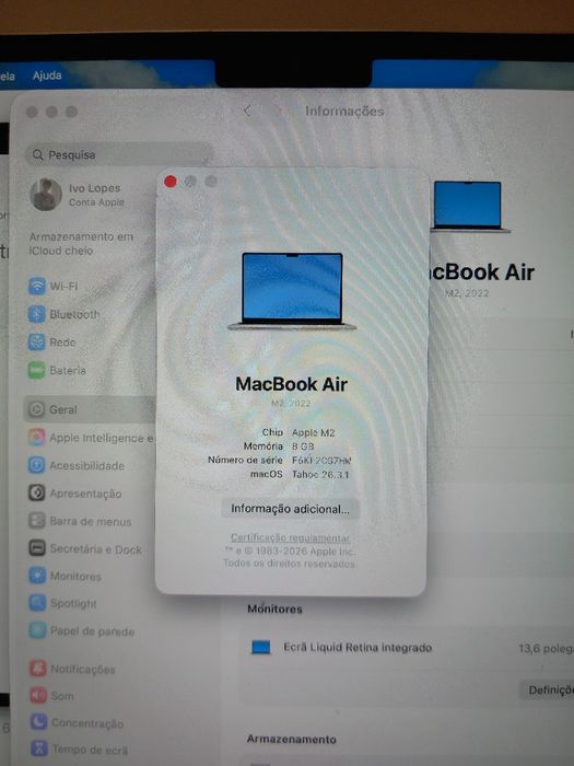 Macbook air m2 2022 bateria 94% 256gb
