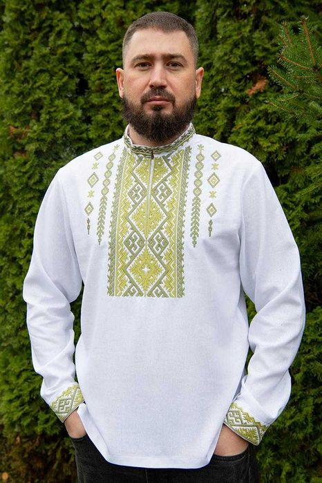 Вишиванка лляна біла чоловіча льон українська сорочка з орнаментом