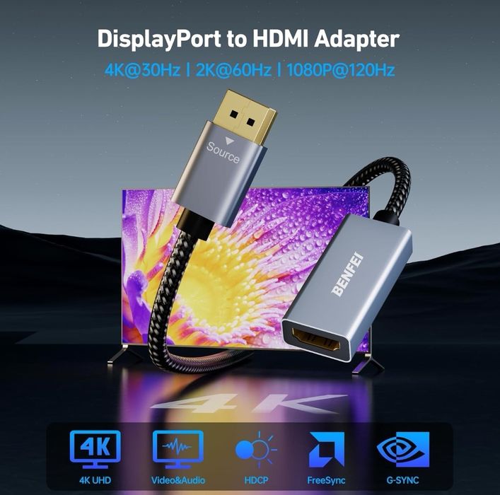 Kabel adaptera BENFEI 4K DisplayPort na HDMI, (2K 60 Hz, 1080p 120 Hz