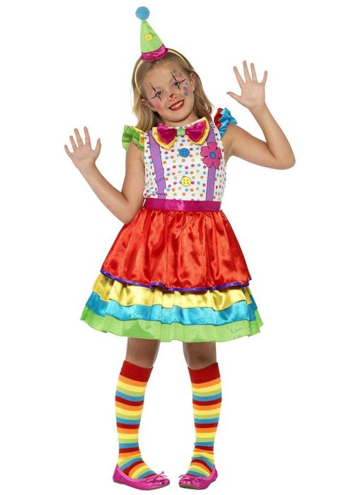 Strój klaun dla dziewczynki, kolorowa sukienka 130-143 cm