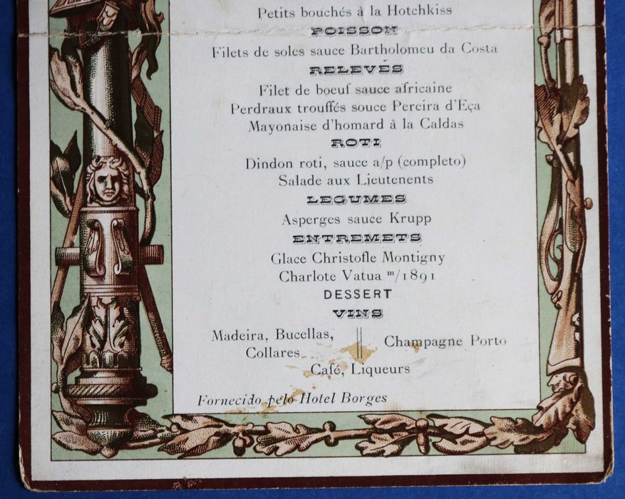 Corpo Expedicionário a Moçambique 1891 menu jantar Hotel Borges