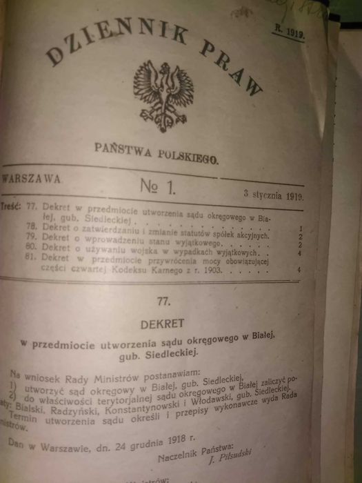 Księga Dziennik Praw Państwa Polskiego 3 stycznia 1919r