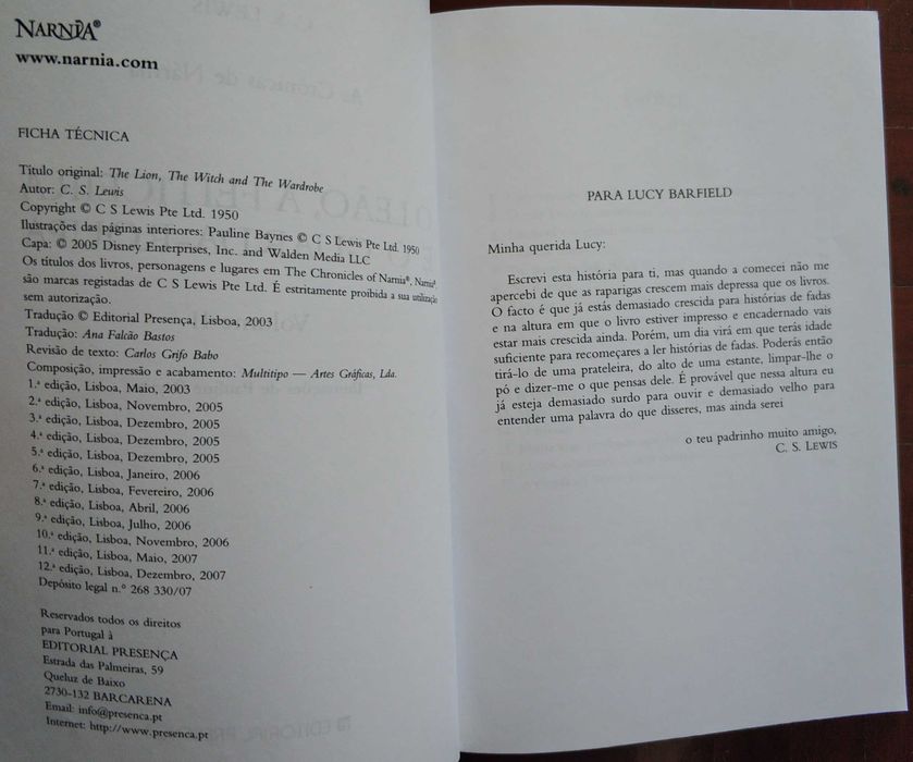 Livro "Narnia - O Leão, a Feiticeira e o Guarda-Roupa"
