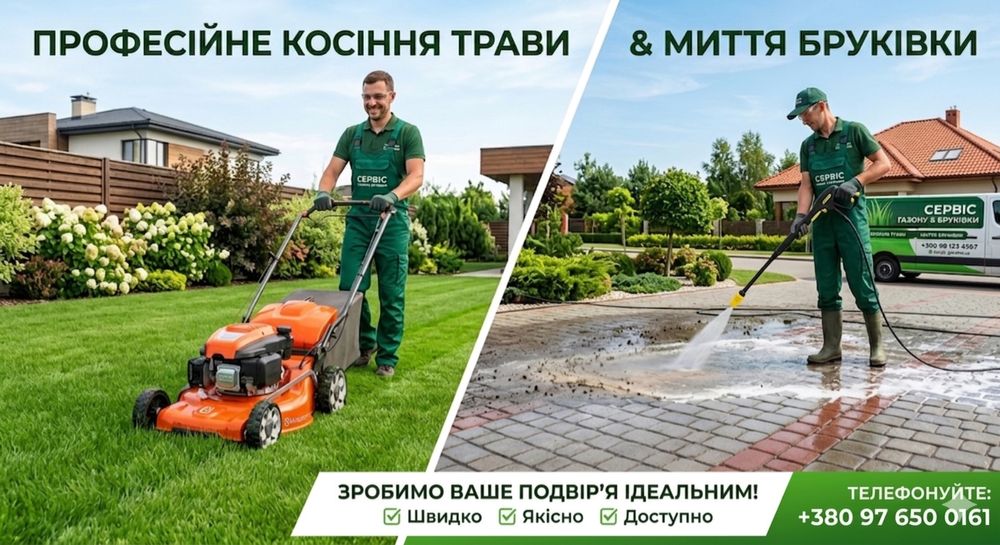 Послуги з косіння трави та миття бруківки. Швидко та якісно!
